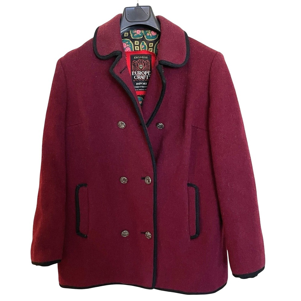 Vintage Europe Craft Wool Jacket Coat Double Breasted M Equestrian Burgundy